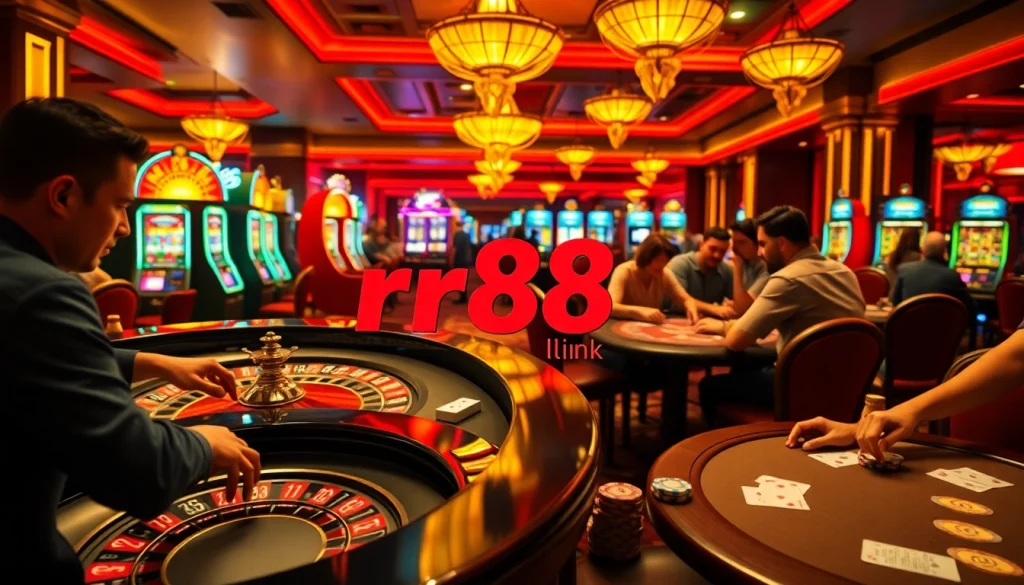 Experience the thrill of winning at RR88 link's vibrant casino tables with friends enjoying poker and roulette.