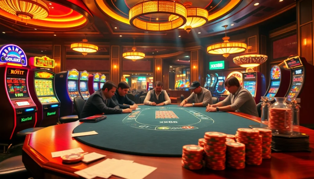 Experience the excitement of gambling at https://xx88.video/ with players engaged at a high-stakes poker table surrounded by vibrant slot machines.