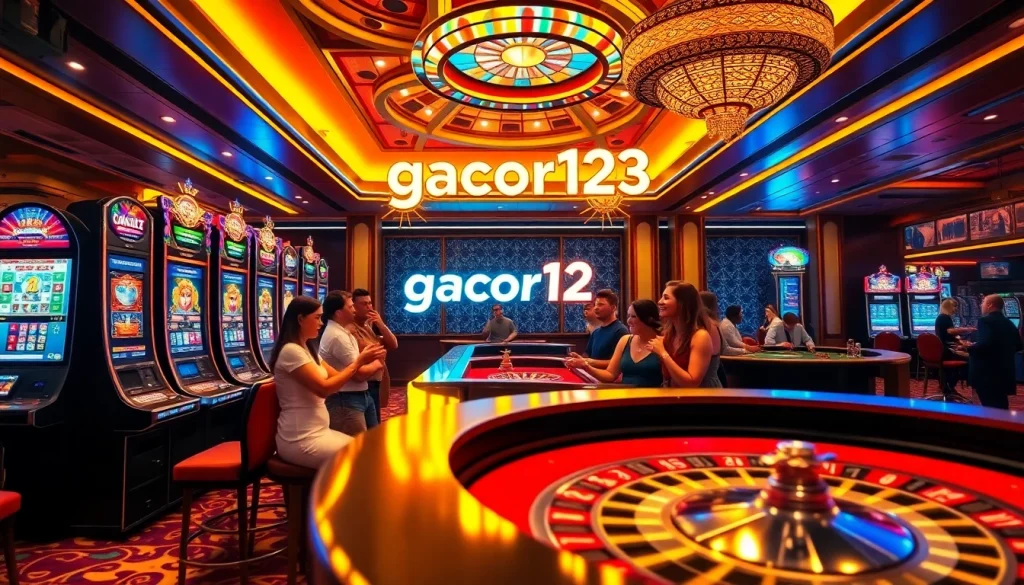 Experience the excitement with gacor123 at vibrant casino tables, showcasing festive players and luxurious decor.